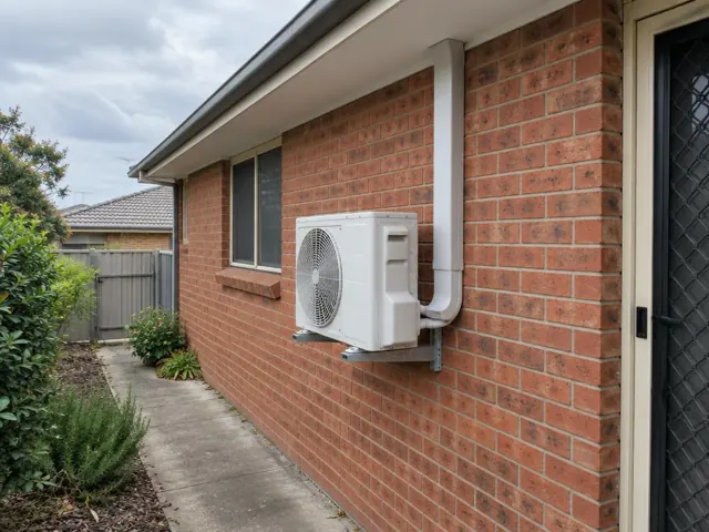 Outdoor air conditioner unit mounted on a brick wall with pipe cover beside a house path in Elizabeth Downs